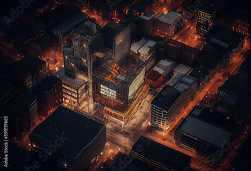 Leinwand Poster Aerial view of construction and redevelopment work at dawn on Deansgate Square amidst city lights and dark skies