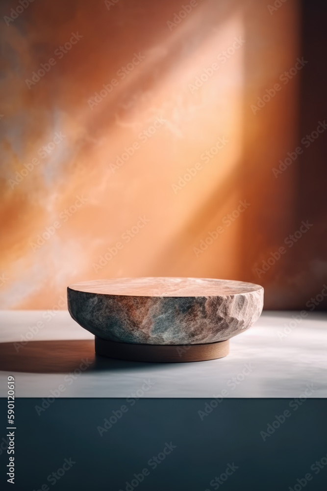 Natural round stone stand for product presentation. Clean and minimalist background. Pastel colors. Generative AI Natural round stone stand for product presentation. Clean and minimalist background. Pastel colors. Generative AI