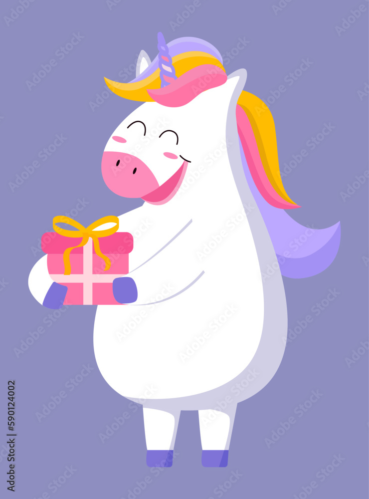 Naklejka premium Cute unicorn with birthday gift box
