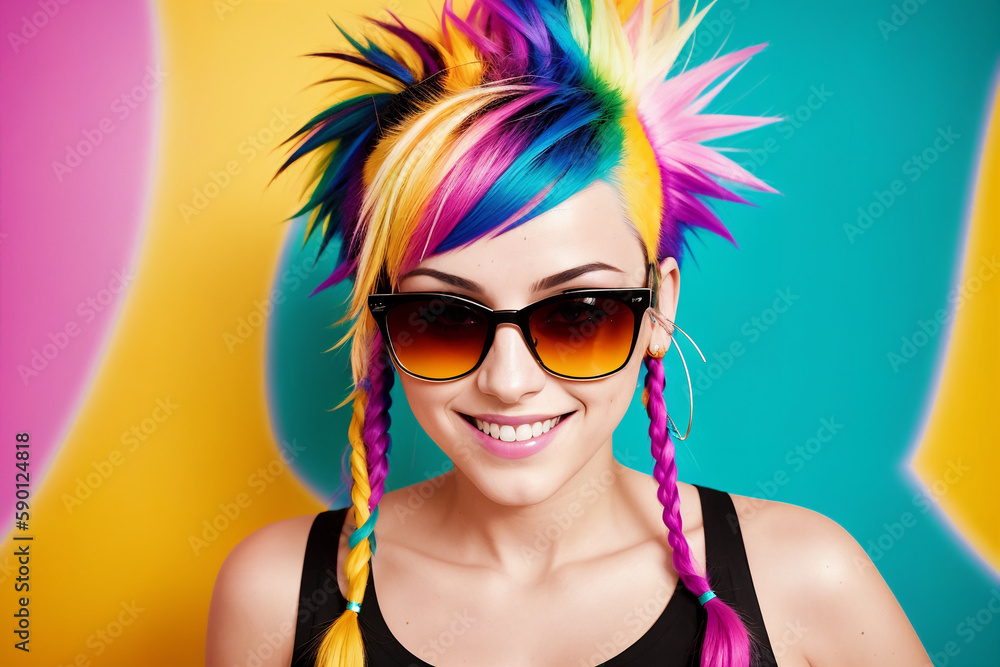 Portrait of an young woman with colorful mohawk hair and sunglasses on abstract painted background, summer vibrancy. Generative AI.