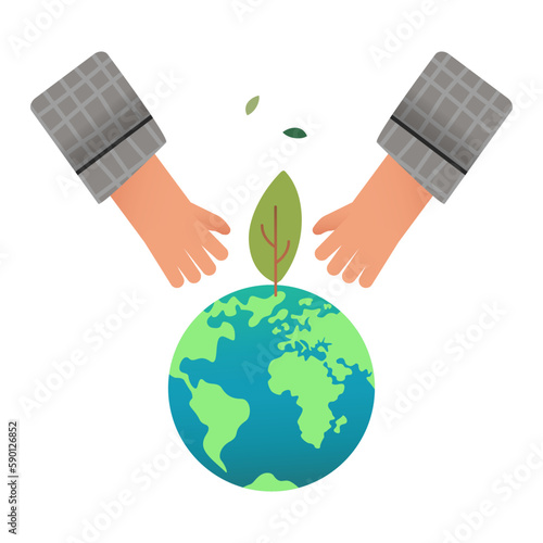 Hands over planet earth with green tree. Clipart.