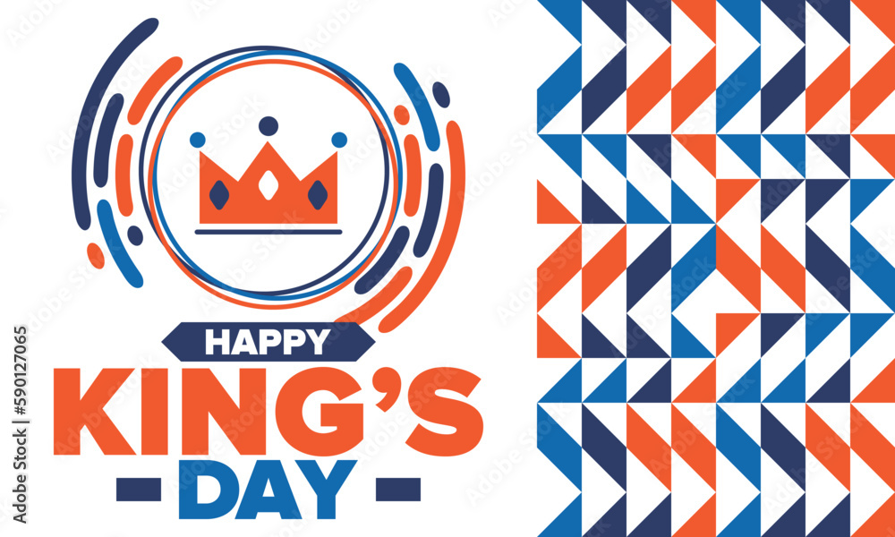 King’s Day in Netherlands. Koningsdag in Dutch. Nation’s cultural heritage and the celebrate birthday of His Majesty King. Dutch royal family. Netherlands flag. Orange colour or orange madness. Vector