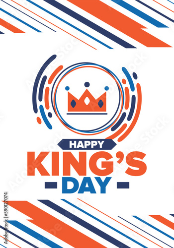 King’s Day in Netherlands. Koningsdag in Dutch. Nation’s cultural heritage and the celebrate birthday of His Majesty King. Dutch royal family. Netherlands flag. Orange colour or orange madness. Vector