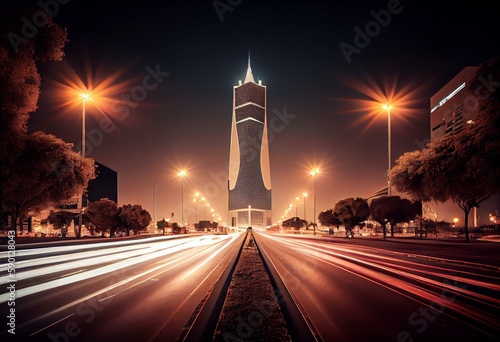View of Faisaliyah Tower on King Fahd Road in Riyadh, Saudi Arabia. Generative AI photo