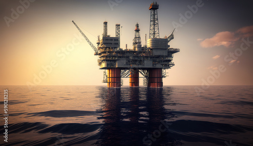Offshore oil and rig platform in sunset or sunrise time. Drilling for gas and petroleum process in the sea or the ocean