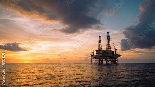 Offshore oil and rig platform in sunset or sunrise time. Drilling for gas and petroleum process in the sea or the ocean