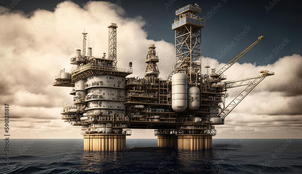 Offshore drilling rig, Oil and gas wellhead remote platform in ocean