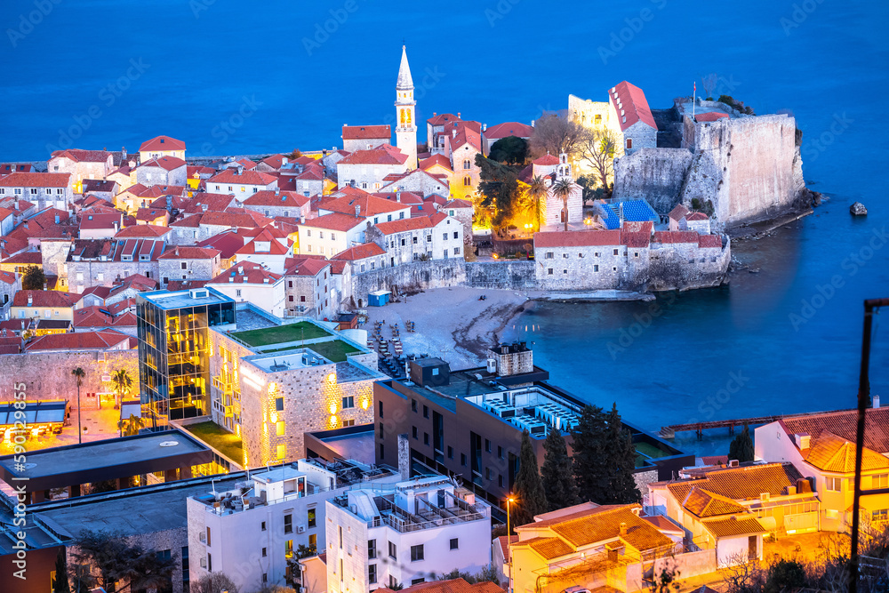 Town of Budva historic architecture evening view