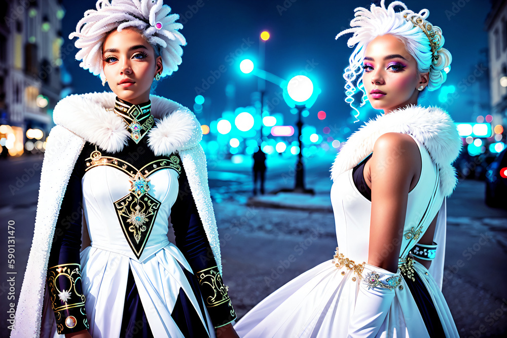 Two women in suits stand on a street corner at night, one in a white ...