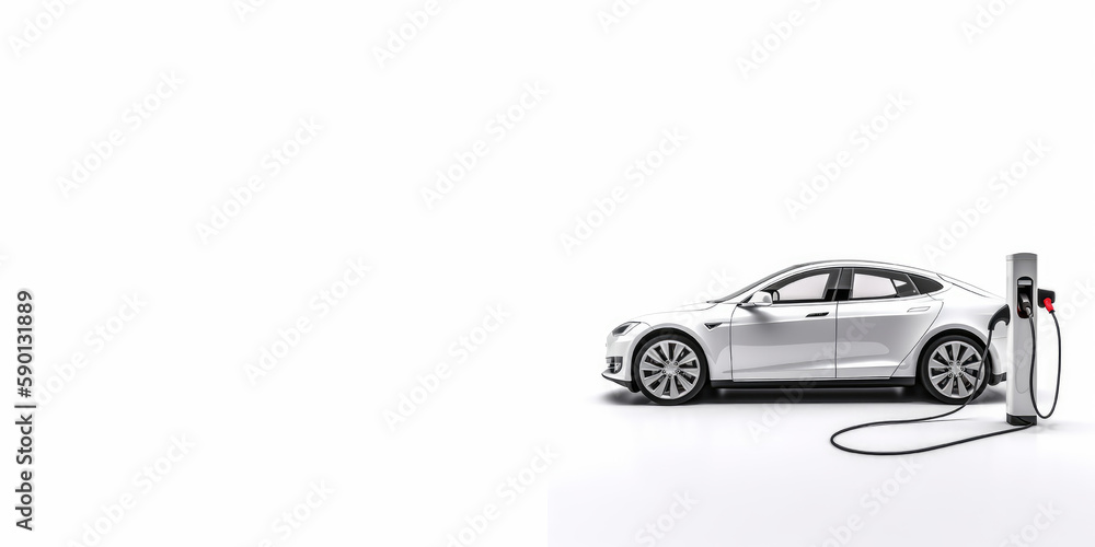 A white car with a plugged in charging station. Generative AI