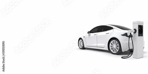 A white car with a plugged in charging station. Generative AI © ColdFire