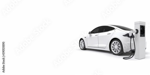 A white car with a plugged in charging station. Generative AI