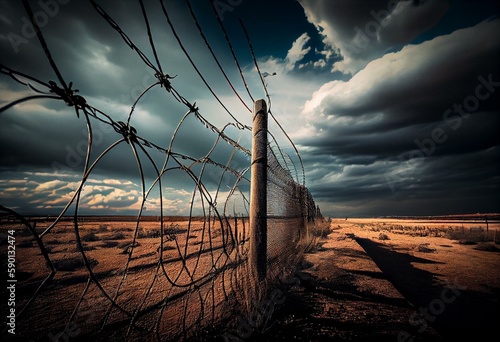 Papier peint Barbed wire prison fence with dramatic clouds in background