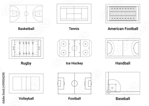 Sports team game playing fields scheme sketch top view line icon set vector illustration