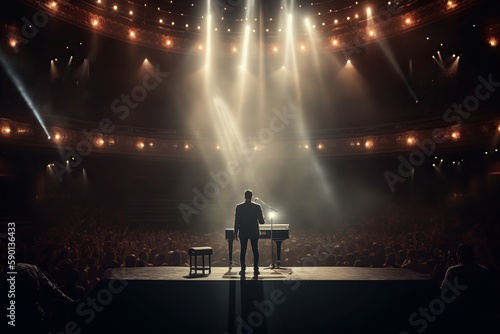 Fictional musician at the piano on the big stage of a luxury concert hall made with generative AI © Vitalii But