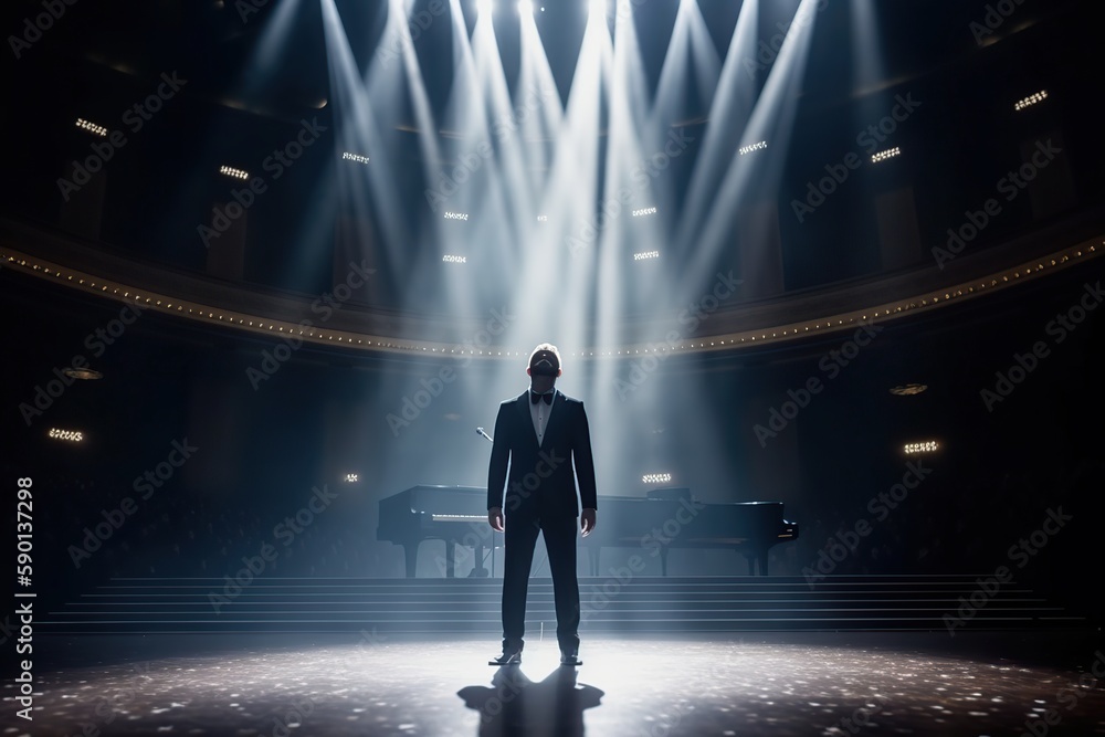 Cartoon musician at the piano on the big stage of a luxury concert hall made with generative AI Cartoon musician at the piano on the big stage of a luxury concert hall made with generative AI