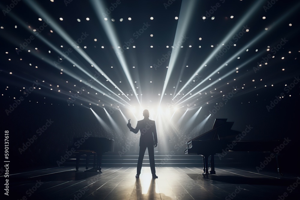 Fictional musician at the piano on the big stage of a luxury concert hall made with generative AI Fictional musician at the piano on the big stage of a luxury concert hall made with generative AI