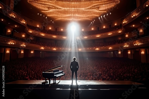 Fictional musician at the piano on the big stage of a luxury concert hall made with generative AI
