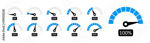 Speedometers icons set. Percentage gauge meter vector illustration 10 eps.
