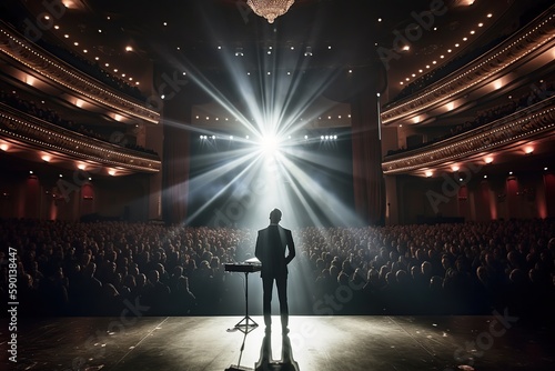 Fictional man musician on the stage in the light of spotlights made with generative AI photo