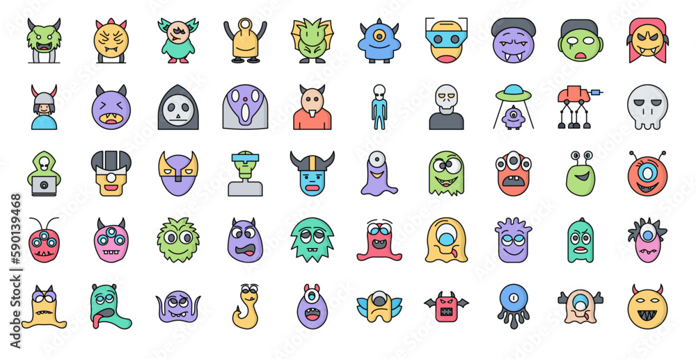 Fototapeta premium Monsters Color Line Icons Monster Icon Set in Filled Outline Style 50 Vector Icons 