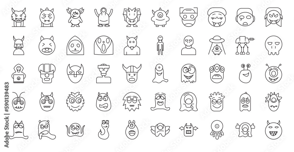 Monsters Thin Line Icons Monster Icon Set in Outline Style 50 Vector Icons in Black
