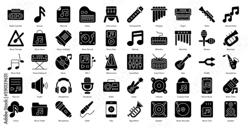 Rock & Roll Glyph Icons Guitar Music Icon Set in Glyph Style 50 Vector Icons in Black