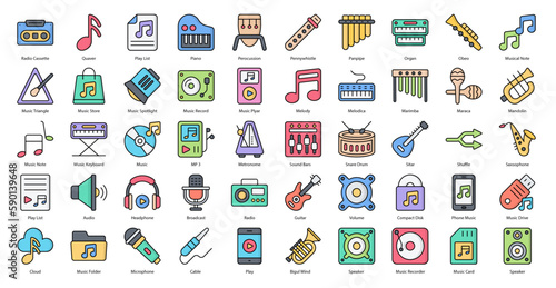 Rock & Roll Color Line Icons Guitar Music Icon Set in Filled Outline Style 50 Vector Icons