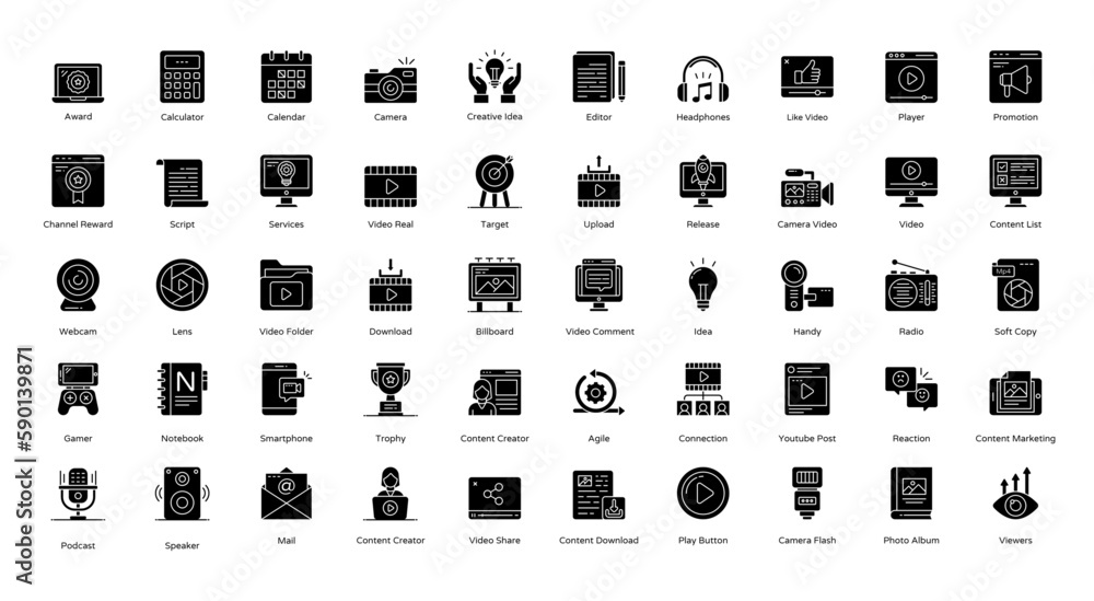 Content Creator Glyph Icons Influencer Streaming Icon Set in Glyph Style 50 Vector Icons in Black Content Creator Glyph Icons Influencer Streaming Icon Set in Glyph Style 50 Vector Icons in Black