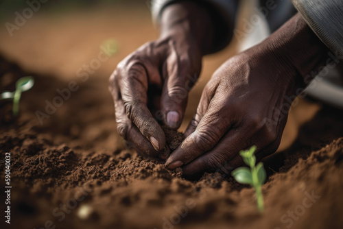 Human Hands planting a fresh seedling in rich soil, sustainable agriculture concept, generative AI