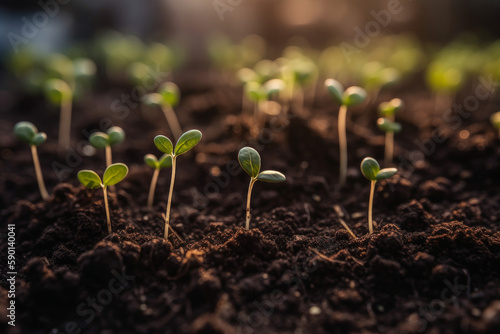 fresh evolving seedlings planted in rich soil, sustainable agriculture concept, generative AI