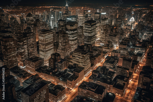 long exposure drone shot of mega city skyline at night, iluminated streets and signs, generative AI