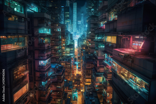 long exposure drone shot of mega city skyline at night, iluminated streets and signs, generative AI