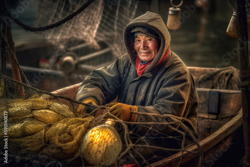 A portrait of an old tired but happy fisherman after work, AI generative image photo