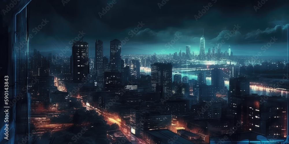 City buildings and skyscrapers at night, view from above. City street with houses with glowing windows and dark sky. AI generated City buildings and skyscrapers at night, view from above. City street with houses with glowing windows and dark sky. AI generated
