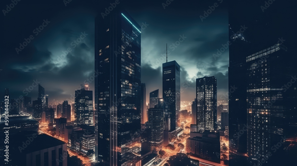 Obraz premium City buildings and skyscrapers at night. Downtown, city street with houses with glowing windows and dark sky. AI generated
