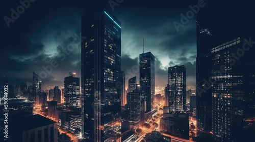 City buildings and skyscrapers at night. Downtown  city street with houses with glowing windows and dark sky. AI generated