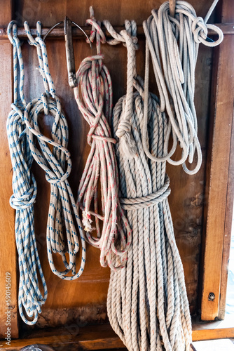 Closeup boat ropes. Braided rope heap.