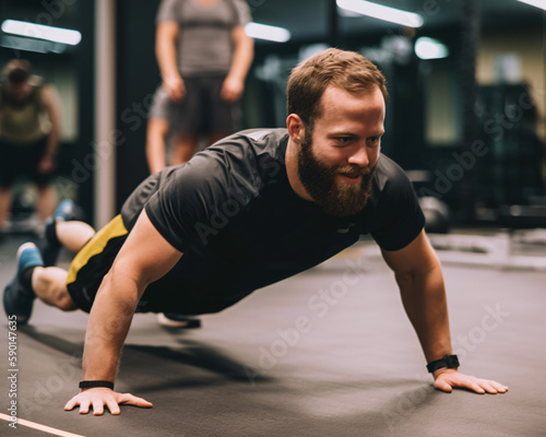 Smiling Man Effortlessly Performing Push-ups, Enjoying Gym Workout, Generative AI