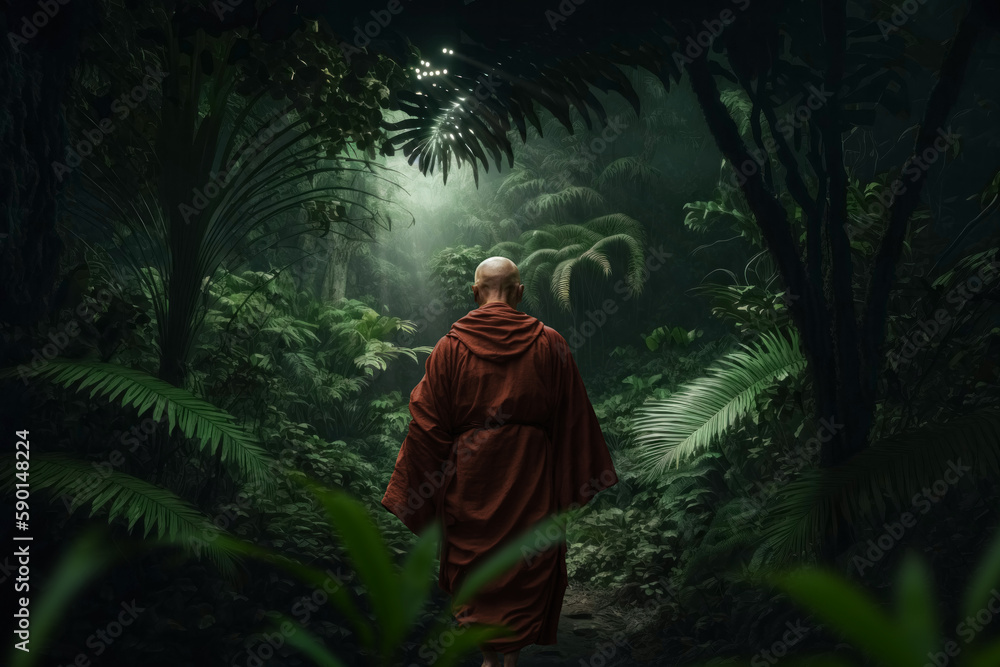 Buddhist monk meditating in the middle of nature. Generative AI - obrazy, fototapety, plakaty 