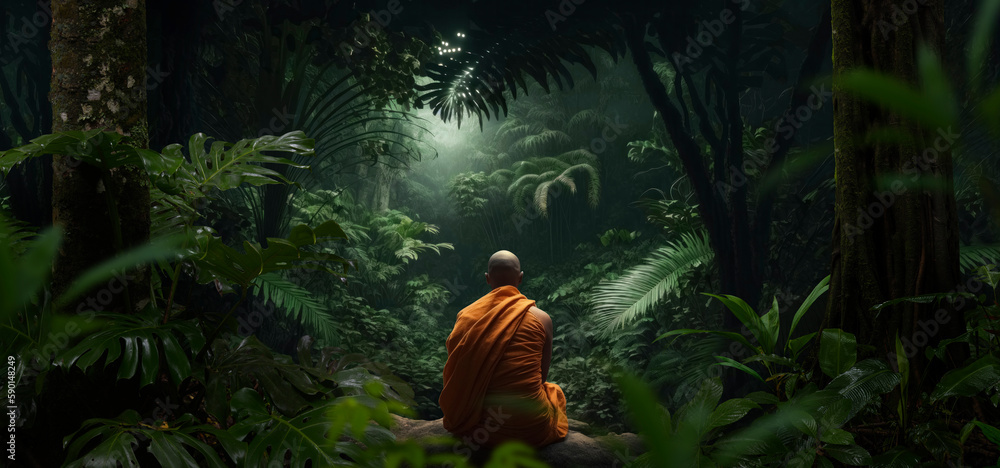 Buddhist monk meditating in the middle of nature. Generative AI Stock ...