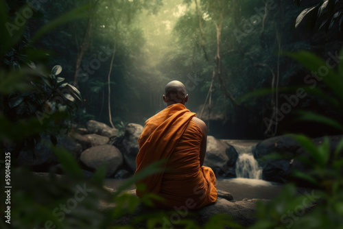 Buddhist monk meditating in the middle of nature. Generative AI