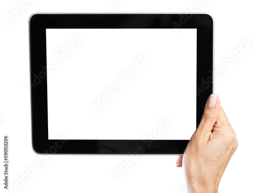 Woman holding   digital tablet on background