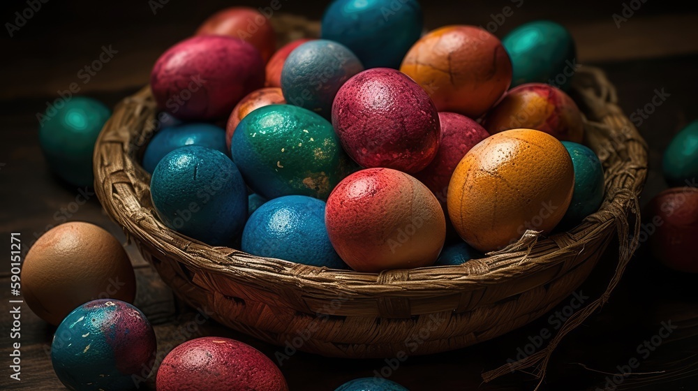 Colorful Easter eggs in a wicker basket. The concept of the Easter holiday. AI generated Colorful Easter eggs in a wicker basket. The concept of the Easter holiday. AI generated