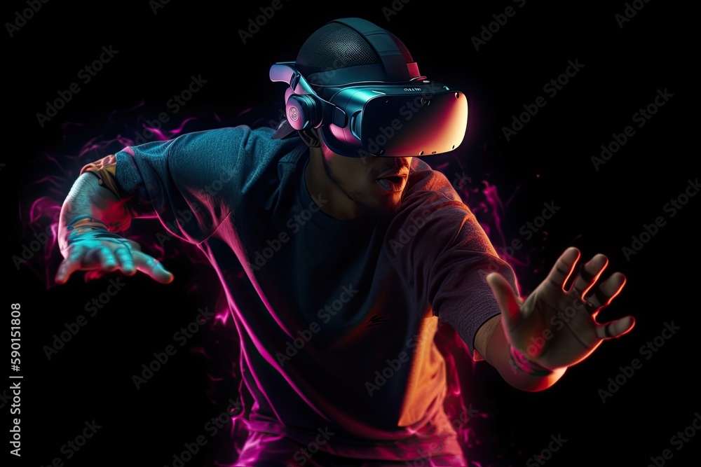 Man play VR virtual reality goggle, sports game 3D cyberspace futuristic neon black background, Illustration banner background. Non-existent person in generative AI