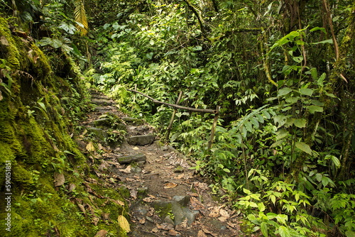 Hiking track at waterfall Manto de la Novia at Banos, Tungurahua Province, Ecuador, South America 