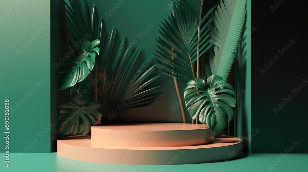 Minimal round podium for product demonstration on a green background with tropical leaves. AI generated Minimal round podium for product demonstration on a green background with tropical leaves. AI generated