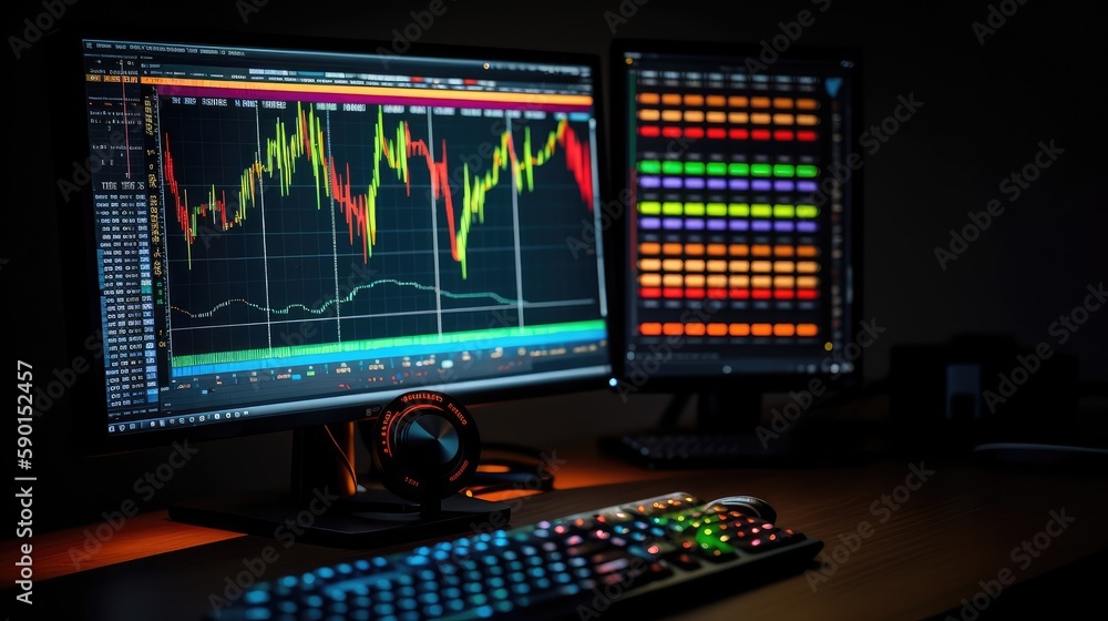 Monitors in the office with the image of data analytics, close-up. Data analytics and analysis. AI generated Monitors in the office with the image of data analytics, close-up. Data analytics and analysis. AI generated