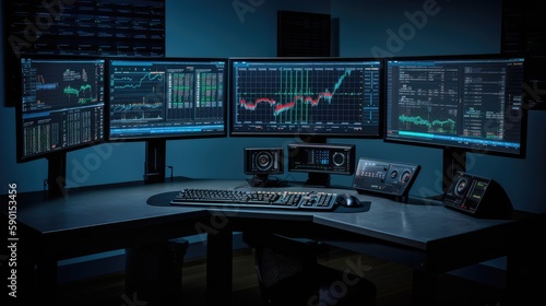 An office with monitors depicting color traders of the exchange. Data Analytics. AI generated