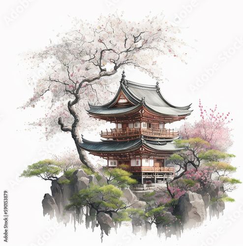 Illustration c japanese temple and branches of sakura on a white background